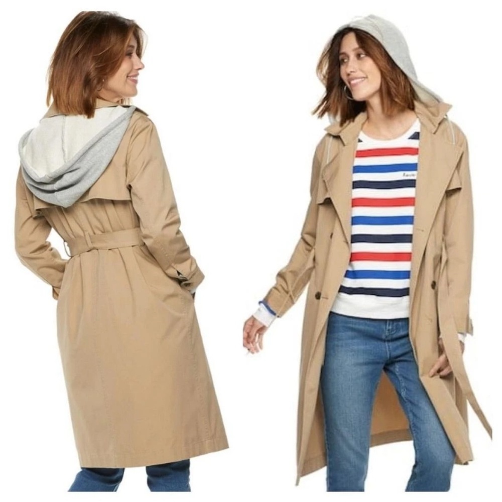 POPSUGAR Tan Trench Coat with Gray Removable Hood Size XXL